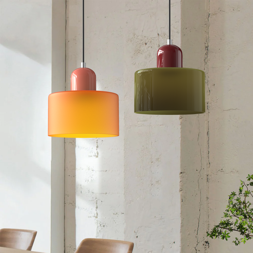 Sol Bauhaus Glass Pendant Light | Retro Ribbed Amber Hanging Ceiling Lamp