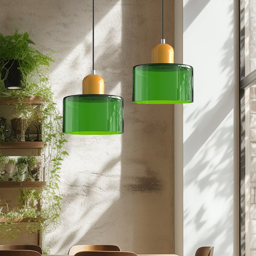Sol Bauhaus Glass Pendant Light | Retro Ribbed Amber Hanging Ceiling Lamp