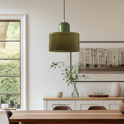 Sol Bauhaus Glass Pendant Light | Retro Ribbed Amber Hanging Ceiling Lamp