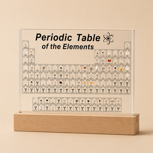 Periodic Table of Elements on a clear acrylic panel with wooden base on a beige background